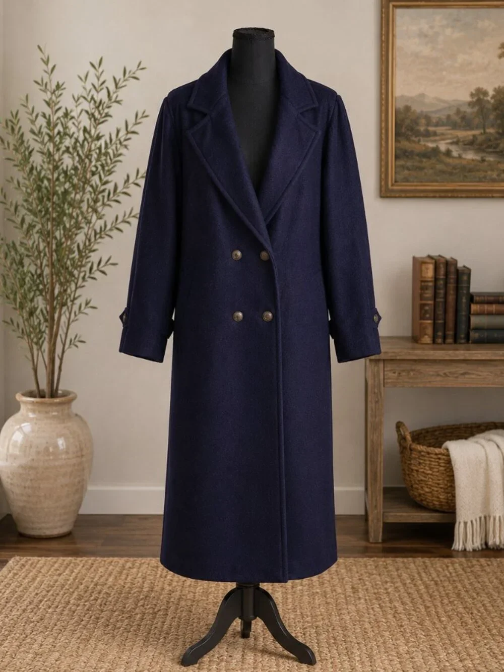 Vintage 1980s JOFELD Navy Wool Blend Double Breasted Long Coat Women's 12/14
